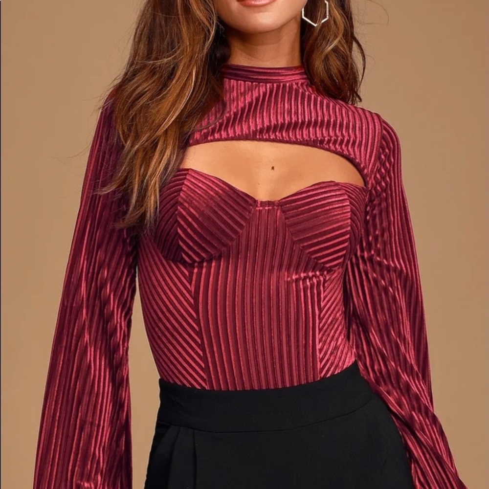Lulus burgundy velvet cutout bodysuit